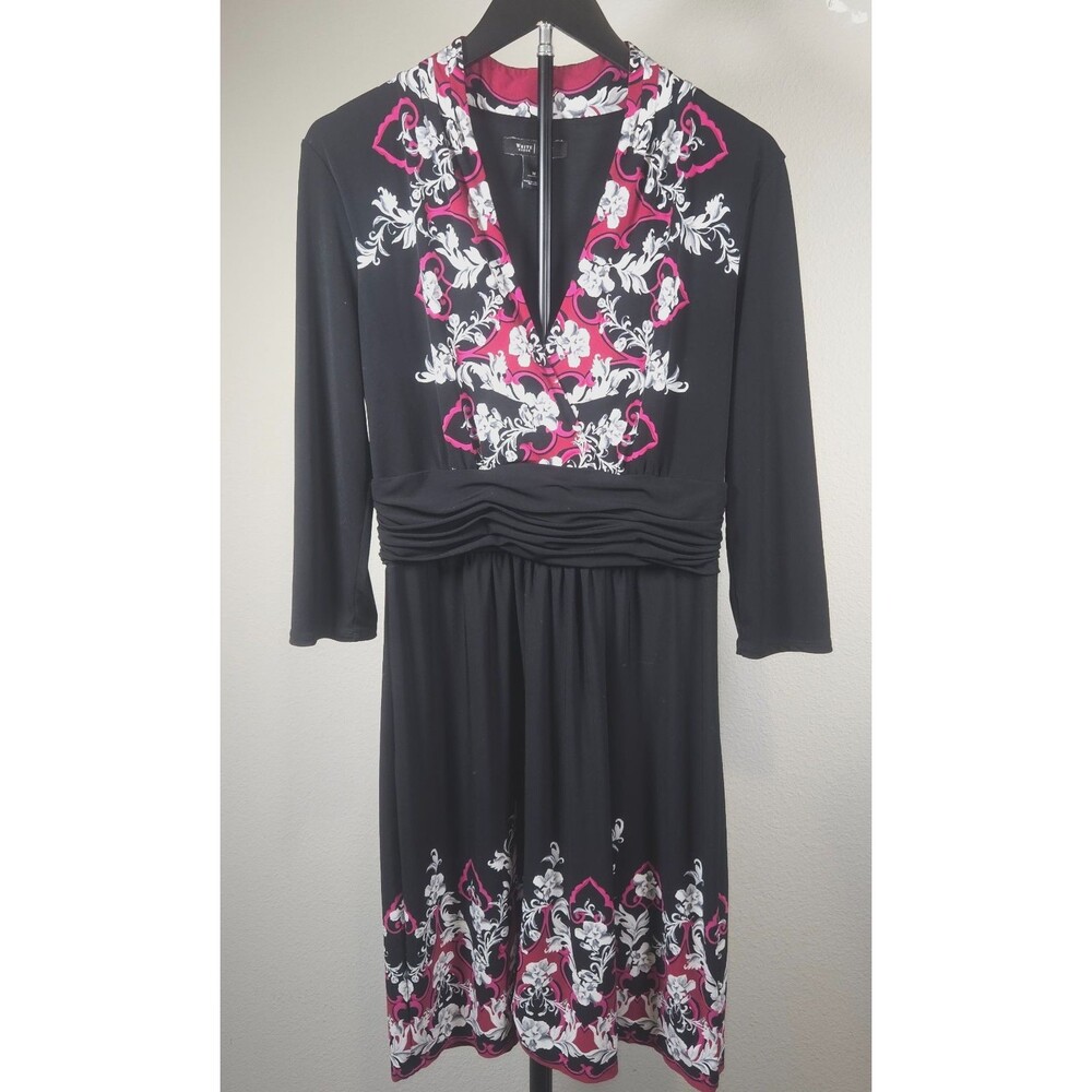 White House Black Market Dress Womens M Black Pink Floral Ruched Midi 3/4 Sleeve